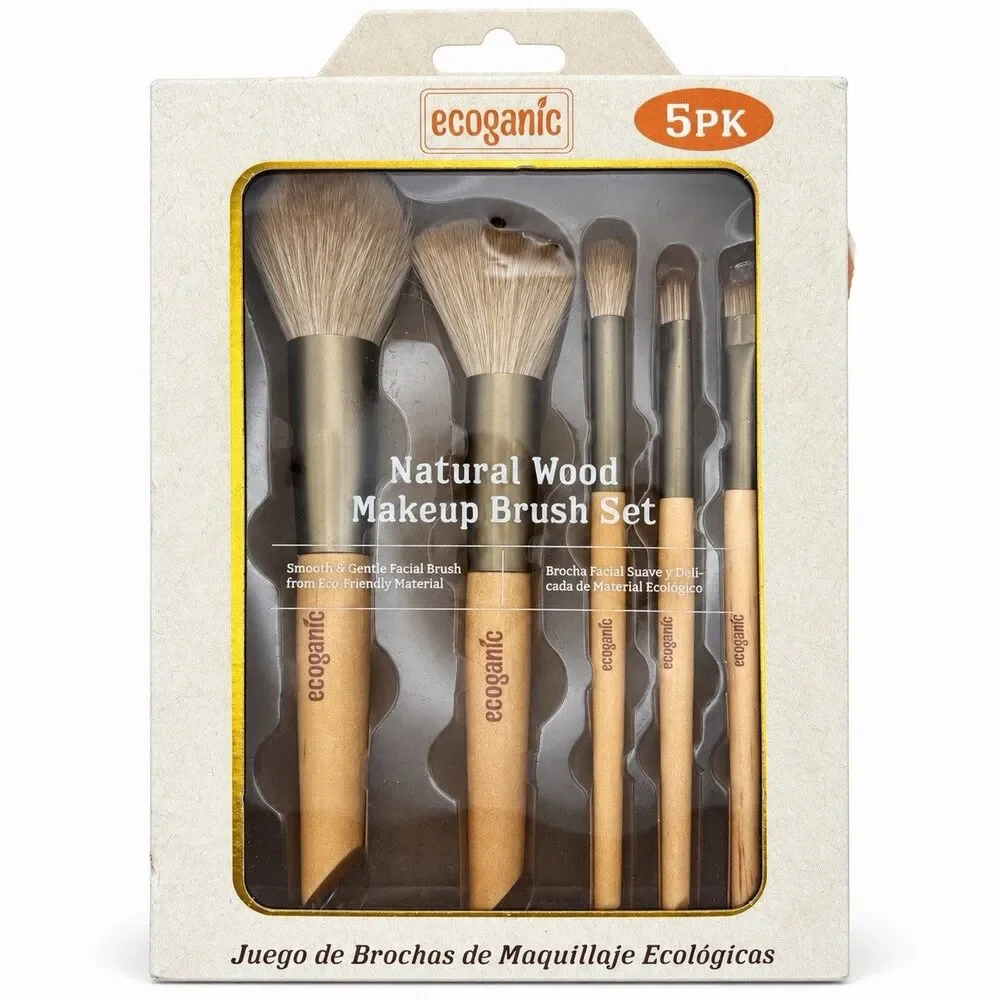 Ecoganic 5 Piece Natural Wood Makeup Brush Set Face Eye Eco Friendly New